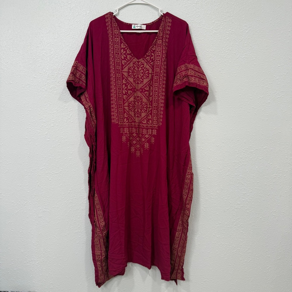 Lapogee Burgundy Gold Geometric Print Kaftan Maxi Dress Rayon One Size